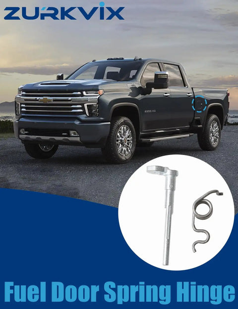 Upgrade Metal Fuel Door Hinge Repair Kit With Spring Pin For Chevy Silverado And GMC Sierra Trucks 2019 To 2025 Fits 1500 2500 3500 Replaces 84745940 84745944 Easy Install Beefy Steel; fuel door spring hinge kit shown with spring pin