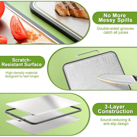 ANYZONE stainless steel cutting board 17x11 in, double-sided, three-layer construction with juice grooves