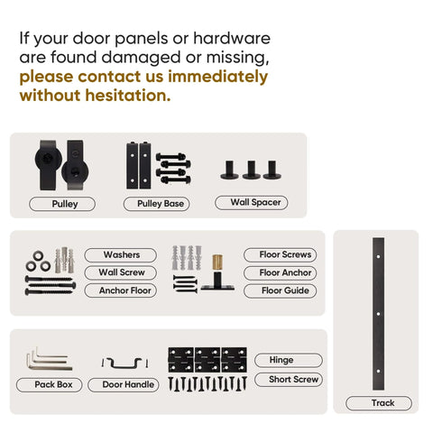 Bi Fold Barn Door Kit for 72 Inch Wide Openings 84 Inch Tall Finished White MDF Panels With Sliding Hardware components.