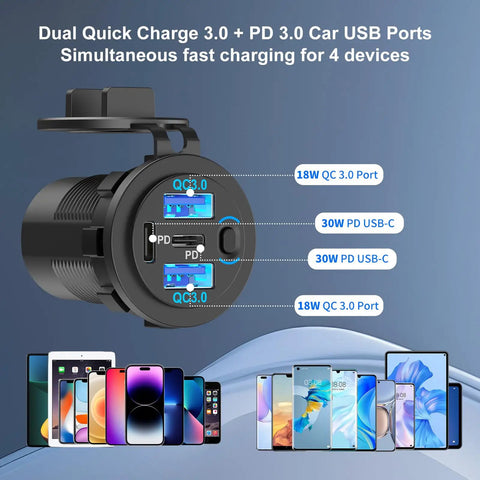 4 Port 12V Usb Car Charger Switch Panel With Pd30w Qc18w Fast Charge Plus Waterproof 150W Cigarette Lighter Socket Heavy Duty view with charging ports