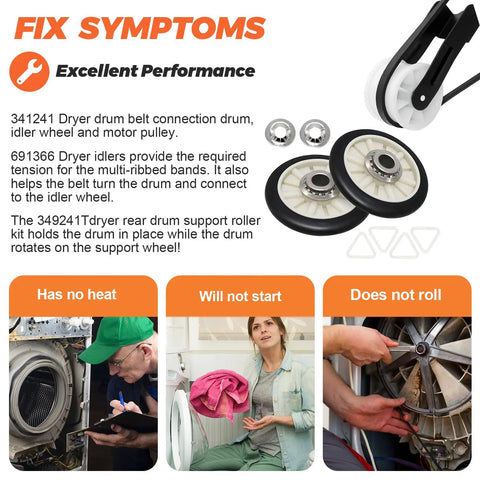 Upgraded 4392065 Dryer Repair Kit For 29 Inch Dryers includes idler pulley, rollers, belt and fixing symptoms chart
