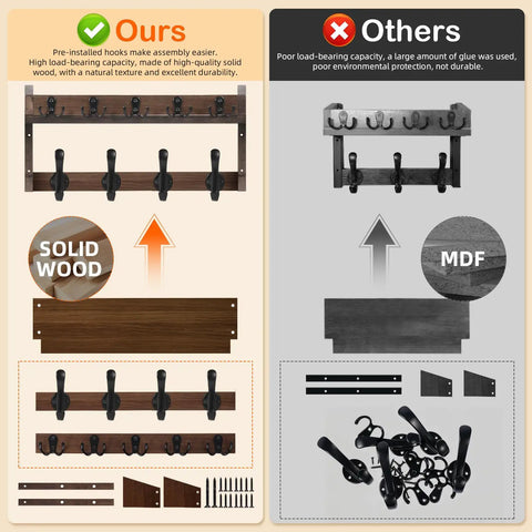 Comparison of the Rock Solid Wall Mounted Coat Rack With Storage Shelf Featuring 13 Heavy Duty Hooks with solid wood vs others using MDF.