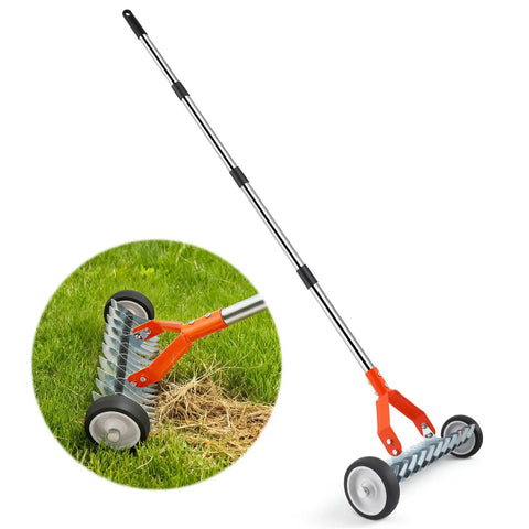 Wheeled Thatch Rake For Moss And Leaves, Adjustable Dethatching Roller With 0 To 12 Degree Angle, 37 To 65 Inch Handle