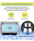 Hualuck 800ml Ultrasonic Cleaner With Heater And Timer showing advanced transducer technology and ceramic generator.