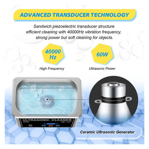 Hualuck 800ml Ultrasonic Cleaner With Heater And Timer showing advanced transducer technology and ceramic generator.