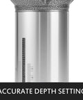 Accurate depth setting on the Built Like A Tank Compact Router With Fixed Plunge And Tilt Bases, 1.25 HP woodworking tool.