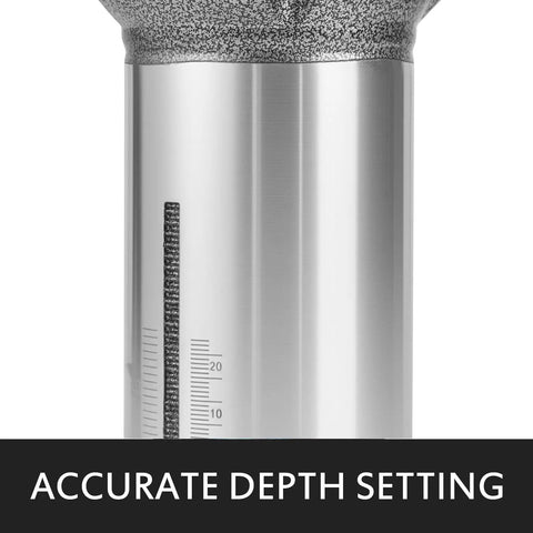 Accurate depth setting on the Built Like A Tank Compact Router With Fixed Plunge And Tilt Bases, 1.25 HP woodworking tool.
