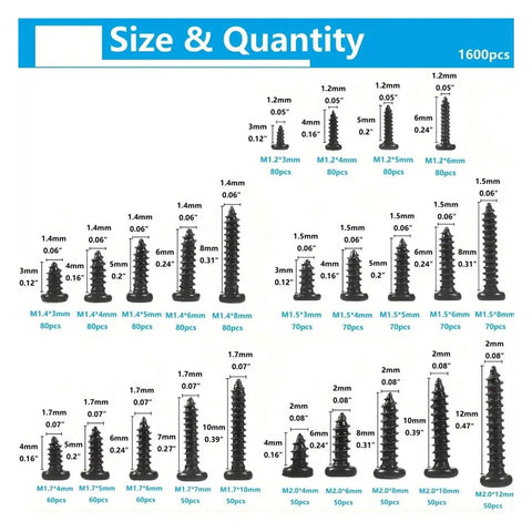 Infographic showing sizes and quantities of Top Shelf 1600 Piece Micro Screw Kit M1.2 To M2.0 304 stainless steel screws.