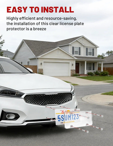 License Plate Protector 2 Pack Clear Shield For US And Canada Plates installed on sedan, universal fit, tamper-proof.