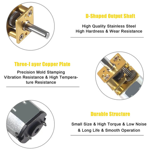 Detailed view of 2 Pack 3V 15RPM N20 High Torque Geared Motor With Metal Gearbox For Smart Cars DIY RC Toys showing key components.