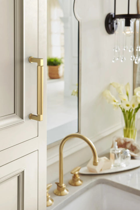 Balon Champagne Bronze Cabinet Pull, 5-9/16 Inch Overall Length, 5-1/16 Inch Center-to-Center Mounting on kitchen cabinet door