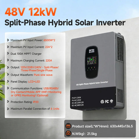 Beefed Up Hybrid Solar Inverter 12000W 48V DC To 110V 240V AC Split Phase Pure Sine Wave with Built In 2 MPPT Controllers front view.