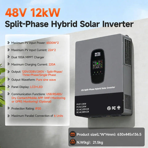 Powerhouse 12000W Hybrid Solar Inverter Built For Real Power 48V DC To 110V 240V AC Split Phase With 2 MPPT Controllers