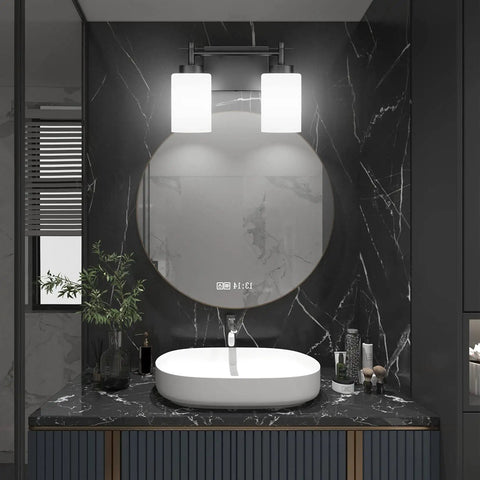 Two Light Black Vanity Sconces, Dope Industrial Style Bathroom Lighting Fixture With Milky Glass Shades mounted above round mirror