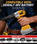 Camxtool Brushless Cordless Pop Rivet Gun Compatible With Dewalt 20V Max Battery For Fast Heavy Duty Use With 100 Pieces Metal Rivets In Three Sizes Including One Eighth Five Thirty Second And Three Sixteenths Inches Head For Garage Repair Projects held in hand with battery attached for cordless use.