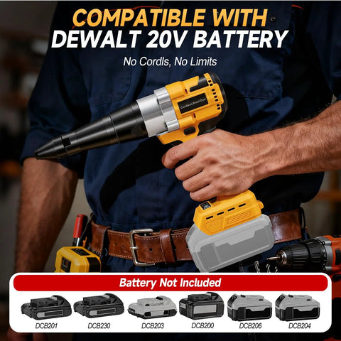 Camxtool Brushless Cordless Pop Rivet Gun Compatible With Dewalt 20V Max Battery For Fast Heavy Duty Use With 100 Pieces Metal Rivets In Three Sizes Including One Eighth Five Thirty Second And Three Sixteenths Inches Head For Garage Repair Projects held in hand with battery attached for cordless use.