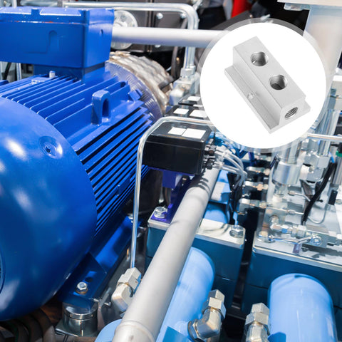 Industrial setup with T Type Air Flow Splitter Block With Two Ports And Four Holes Multiport Pneumatic Gas Distribution Manifold Junction.