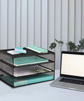 Three Tier Mesh Desk Organizer Tray That Keeps Your Desk Neat For Files Folders And Mail Sorting Desktop Paper Sorter Rack next to laptop