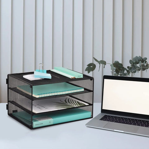 Three Tier Mesh Desk Organizer Tray That Keeps Your Desk Neat For Files Folders And Mail Sorting Desktop Paper Sorter Rack next to laptop