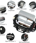 Open view of underseat carry on luggage bag showing multiple compartments and pockets for organized travel storage.