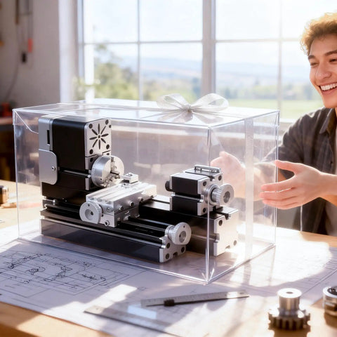 Zhrui Mini Metal Lathe Machine With 5 Pc Carbide Cutter Set, 20K Rpm Ultra Quiet Motor, All Metal Build, High Precision Turning For Wood Acrylic And Soft Metals Ready To Use Out The Box in a clear display box on a work table.