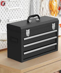Beefy Heavy Duty 3 Drawer Metal Toolbox With Top Storage Tray And Carrying Handle Portable Steel Tool Chest For Garage Or Workbench Anti Slip Liner Multi Function Tool Organizer For Home Projects Black