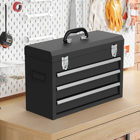 Beefy Heavy Duty 3 Drawer Metal Toolbox With Top Storage Tray And Carrying Handle Portable Steel Tool Chest For Garage Or Workbench Anti Slip Liner Multi Function Tool Organizer For Home Projects Black