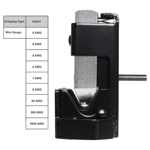 Hammer Lug Crimping Tool For 8 AWG Through 4 0 Battery And Welding Cables showing compact design and wire gauge chart
