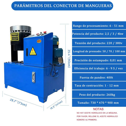 Tough As Nails Electric Hose Crimper And Hydraulic Pipe Press With Forged Steel Head 3600Kn Force 10 Die Sets 220V Power Professional Workhorse For Job Site Setup, blue hydraulic machine with control panel and specs.