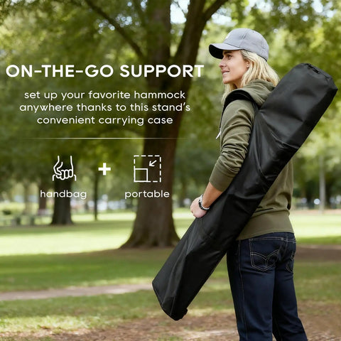 Person holding carrying case for 9 Foot Heavy Duty Portable Hammock Stand Steel Frame For Backyard Patio Or Indoor Use With Carrying Case No Hammock Included Easy Setup And Fully Adjustable Height For Tall Or Short Setups