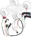 DIY 24V Motor Gearbox And Wire Harness Upgrade Kit For Ride On Toys Self Made Cars Switch Motor Gearbox Set For Kids Electric Cars High Speed Trax Upgrade Replacement Parts featuring wires, switches, and motor components with schematic outline of a car chassis.