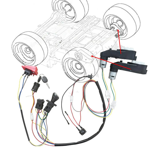 DIY 24V Motor Gearbox And Wire Harness Upgrade Kit For Ride On Toys Self Made Cars Switch Motor Gearbox Set For Kids Electric Cars High Speed Trax Upgrade Replacement Parts featuring wires, switches, and motor components with schematic outline of a car chassis.
