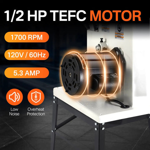 Heavy Duty 10 Inch Bandsaw For Woodworking With 1/2 Hp Motor And Dual Speed Up To 3280 FPM showing a close-up of the 1/2 HP TEFC motor.