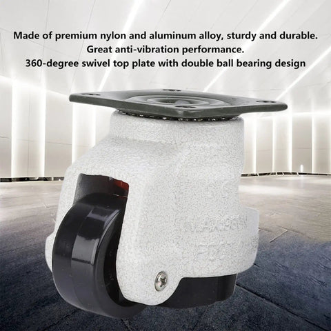 Hella Durable Four Pack Leveling Casters Featuring Retractable Workbench Wheels And Height Adjustable Rubber Feet with swivel top plate.