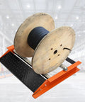Heavy Duty Cable Roller Stand With 28-Inch Reel Capacity, showcasing steel frame and reel in industrial setting.