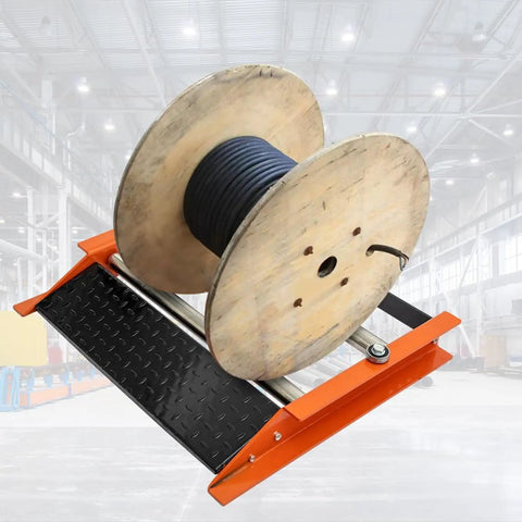 Heavy Duty Cable Roller Stand With 28-Inch Reel Capacity, showcasing steel frame and reel in industrial setting.