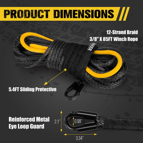 Synthetic Winch Rope For Off Road Recovery Three Eighths Inch By Eighty Five Foot 25000 Lbs With Protective Sleeve Durable