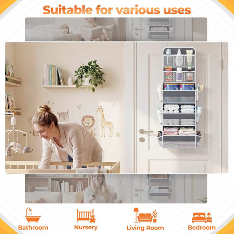 Five Tier Over The Door Organizer With Mesh Pockets For Grab And Go Closet Bathroom And Bedroom Storage in nursery