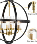 Rustic Black And Gold Finish Four Light Globe Pendant Chandelier With Glass Covers Vintage Hanging Ceiling Light close-up of glass shades and gilding details