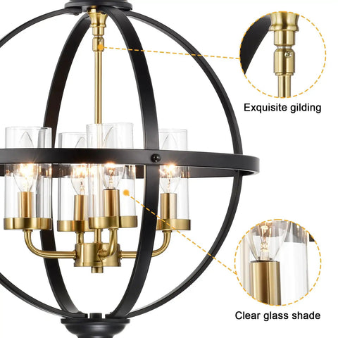 Rustic Black And Gold Finish Four Light Globe Pendant Chandelier With Glass Covers Vintage Hanging Ceiling Light close-up of glass shades and gilding details