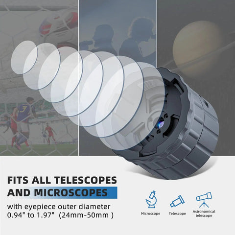 Exploded view of eyepiece telescope camera with 2.5K video recording for 24mm to 50mm eyepieces, fits telescopes and microscopes.