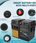 Kickass Smart Trolling Motor Battery Box Power Center Featuring Dual 50A Anderson Connectors And Quick Charge USB Ports For 12V And 24V Fishin Ready To Roll, showcasing multiple ports and LCD display.