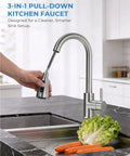 Top Shelf Stainless Steel Kitchen Faucet With Slick Pull Down Sprayer And Cold Forward Handle For Lead Free Safety and No Sweat Daily Sink Chores Plus Easy DIY Setup, in use with vegetables.