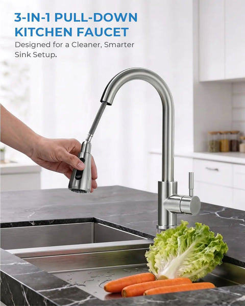 Top Shelf Stainless Steel Kitchen Faucet With Slick Pull Down Sprayer And Cold Forward Handle For Lead Free Safety and No Sweat Daily Sink Chores Plus Easy DIY Setup, in use with vegetables.