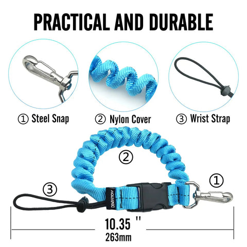 Scuba Diving Spring Clip Lanyard With Thick Stainless Steel Spring Coil And Quick Release Buckle Anti Lost Lanyard For Underwater Cameras And Dive Lights Corrosion Resistant 316 Stainless Steel Clip Holds Up To 220 Lbs. Practical and durable with steel snap, nylon cover, and wrist strap detailed view.