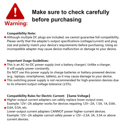 Warning notice for 12V 2A Power Adapter For LED Strips CCTV Cameras And Routers, 24W AC To DC Converter With 5.5mm X 2.1mm Tip And 9 Interchangeable Jacks, Plug And Play Ready, Wide 100-240V Input Inner Positive Safe And Reliable.
