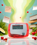 Red Portable Mini Digital LCD Pedometer That Tracks Steps Distance Calories Burned Exercise Time And Daily Target With Accurate Sensor Tech For Walking Running And Fitness On The Go front view, red plastic case, LCD screen
