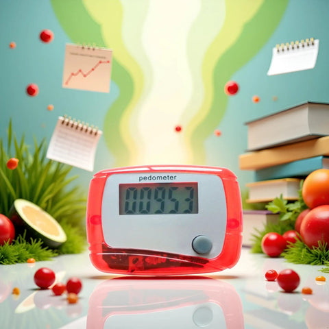 Red Portable Mini Digital LCD Pedometer That Tracks Steps Distance Calories Burned Exercise Time And Daily Target With Accurate Sensor Tech For Walking Running And Fitness On The Go front view, red plastic case, LCD screen