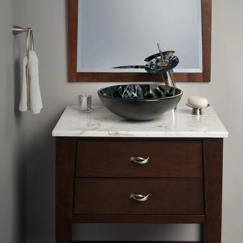 Tartaruga Dope Round Glass Vessel Sink Hand Painted Black And Silver Tempered Glass For Above Counter Bathroom Install