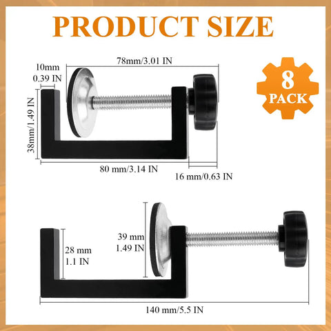 Eight Piece C Clamp Set For Woodworking And Metalworking, Heavy Duty Adjustable G Clamps with product size dimensions.